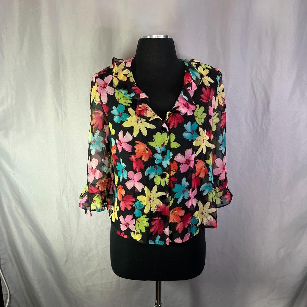 Miss Dorby Blouse Top Womens 10 P Multi Floral Sheer Ruffled Neck Button Front